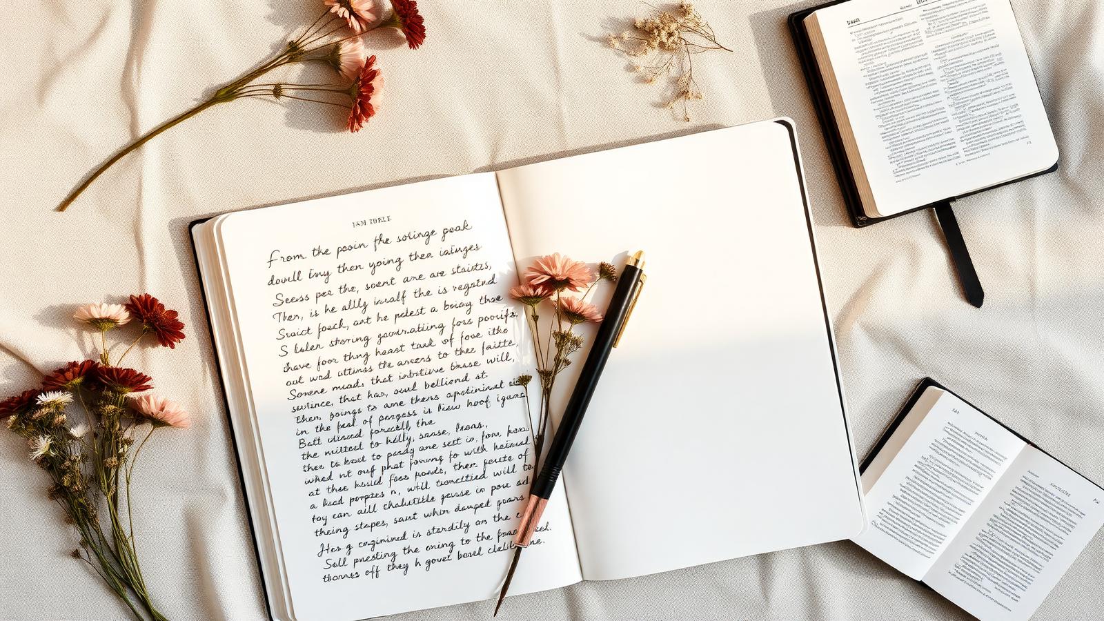 Open prayer journal with handwritten notes, a pen, dried flowers, and a small Bible